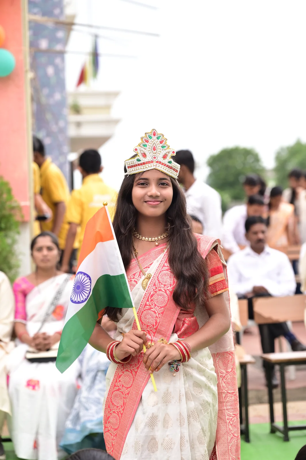 Student gracefully portraying Bharat Mata